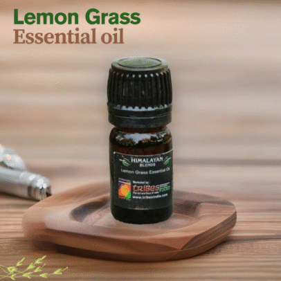 "Himalayan Lemongrass Essential Oil bottle with lemongrass stalks" "Steam-distilled pure lemongrass oil for aromatherapy and skin care" "Natural lemongrass essential oil made by women in the Himalayas" "Lemongrass oil for oily skin, hair, and mental clarity"